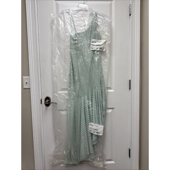 MAC DUGGAL Size 10 Green 93741 ONE SHOULDER Pearl Sequin Midi GOWN Formal Dress - Picture 8 of 11